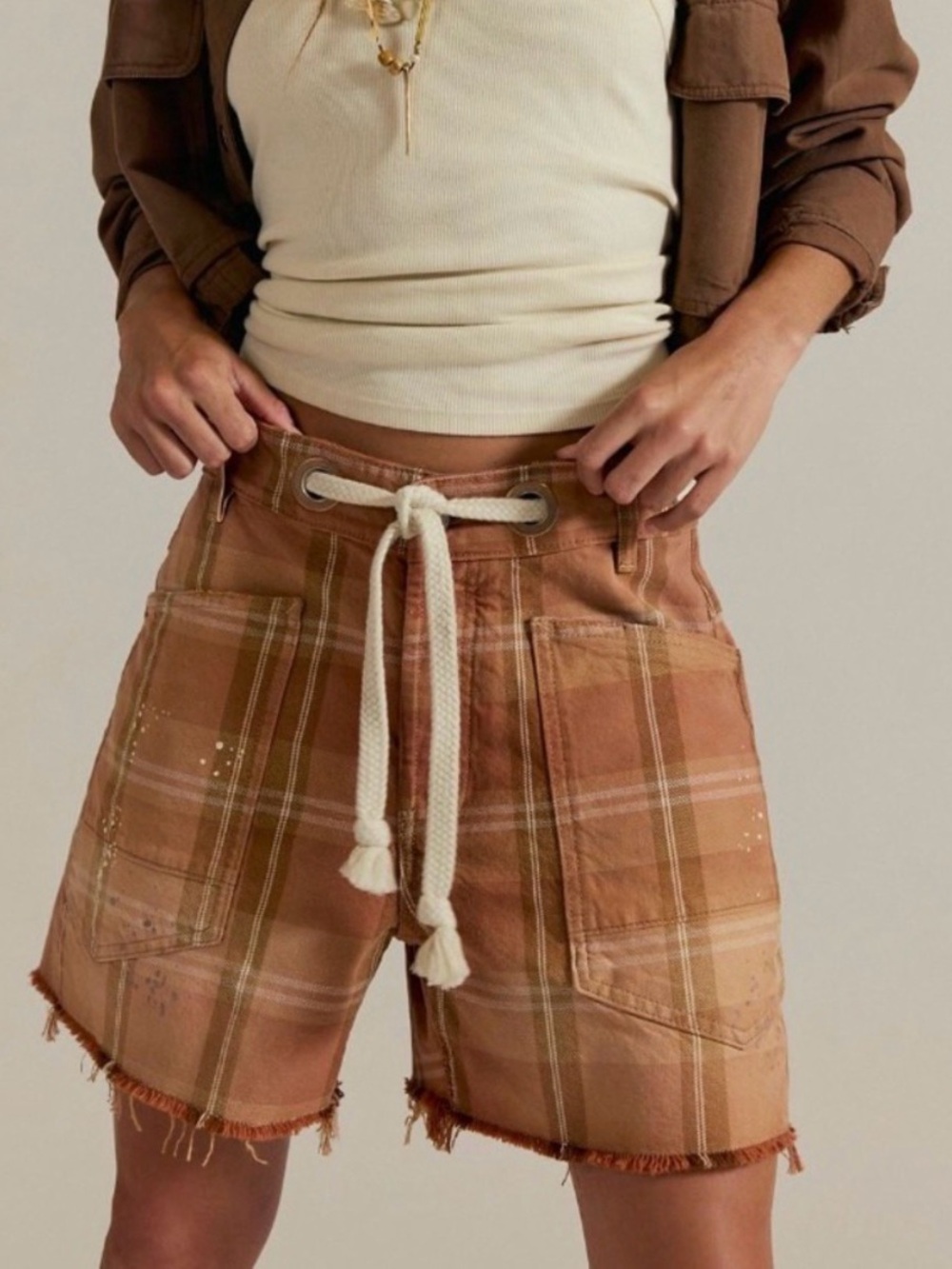 Free people we the free moxie printed barrel shorts rust plaid